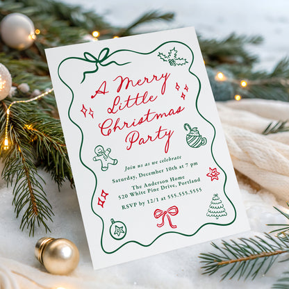 Hand-Drawn Red and Green Merry Little Christmas Invitation | Corjl Template