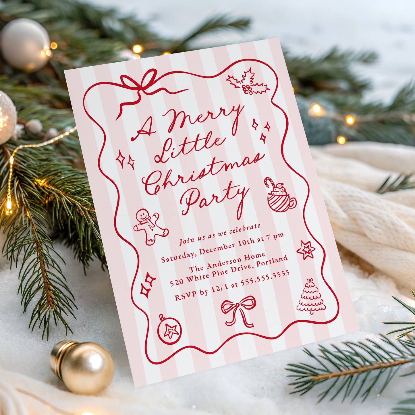 Hand-Drawn Pink and Red Merry Little Christmas Party Invitation | Corjl Template