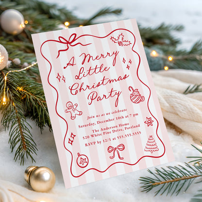 Hand-Drawn Pink and Red Merry Little Christmas Party Invitation | Corjl Template