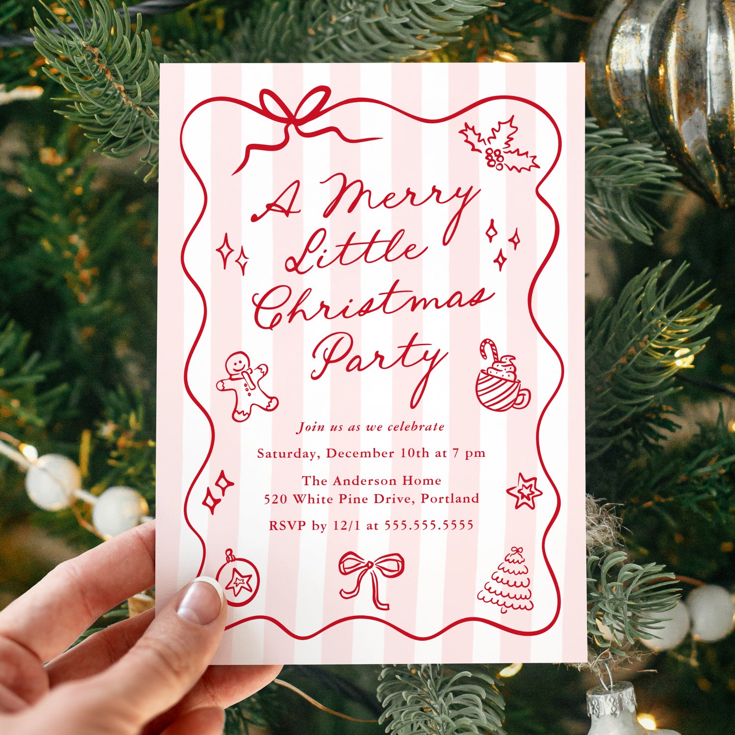 Hand-Drawn Pink and Red Merry Little Christmas Party Invitation | Corjl Template