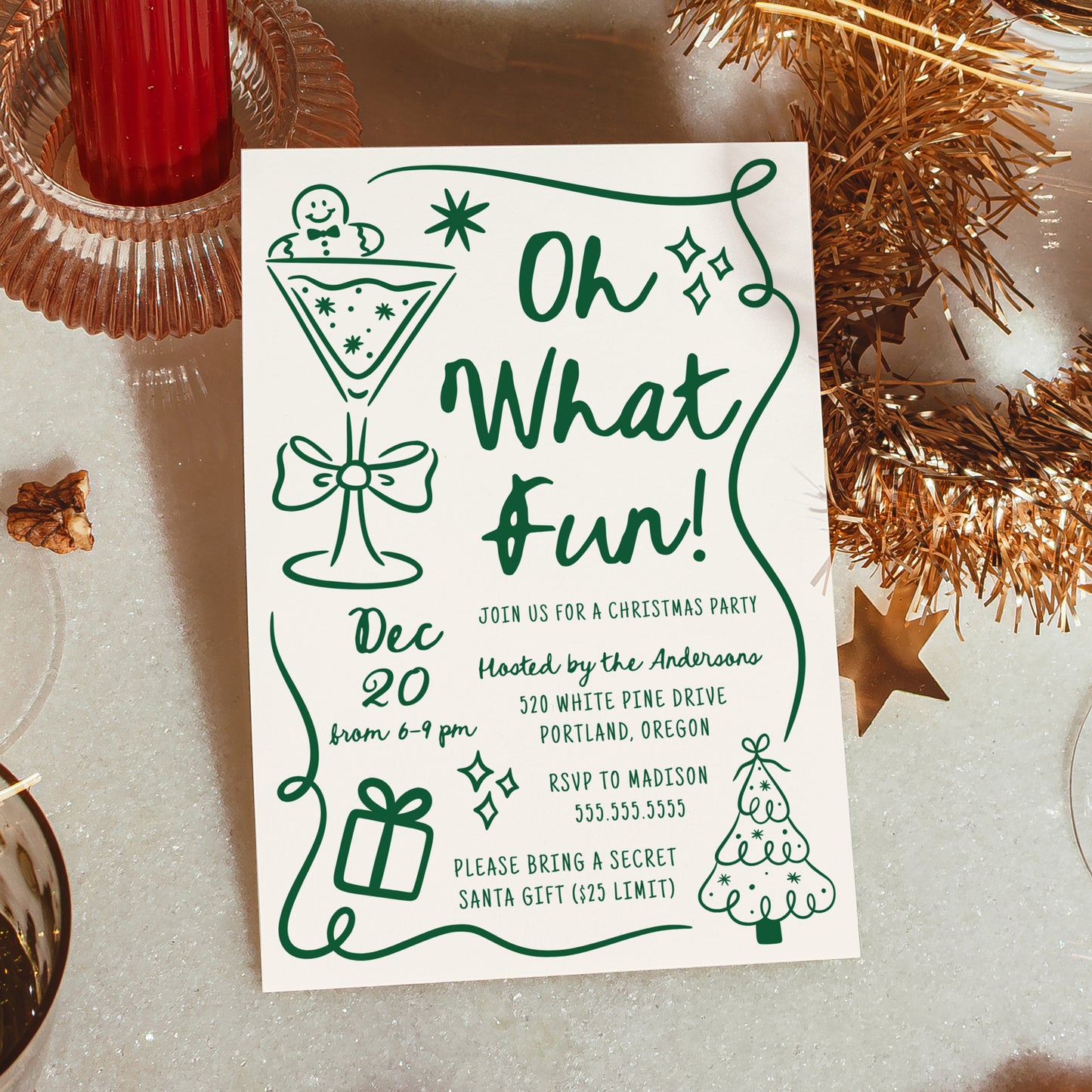 Whimsical Hand-Drawn Green Oh What Fun Christmas Party Invitation | Corjl Template