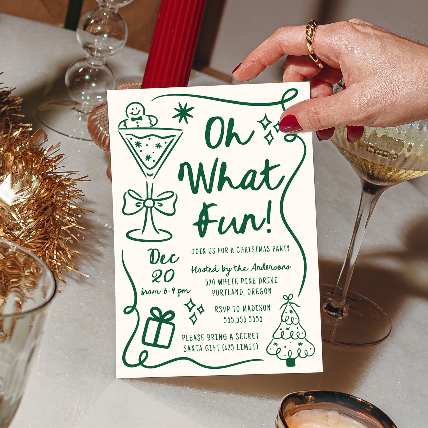Whimsical Hand-Drawn Green Oh What Fun Christmas Party Invitation | Corjl Template