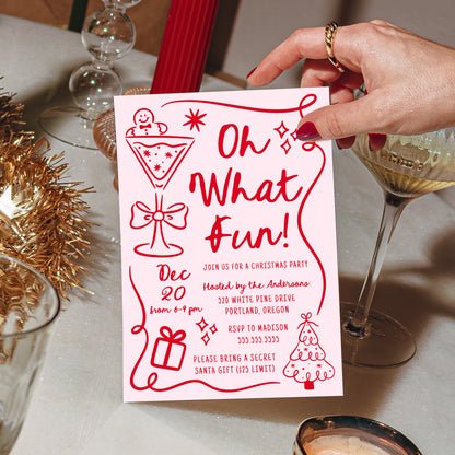 Whimsical Hand-Drawn Pink and Red Oh What Fun Christmas Party Invitation | Corjl Template