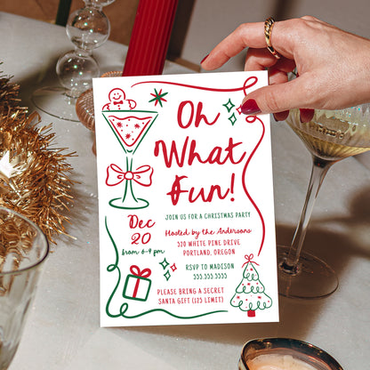 Whimsical Hand-Drawn Red and Green Oh What Fun Christmas Party Invitation | Corjl Template
