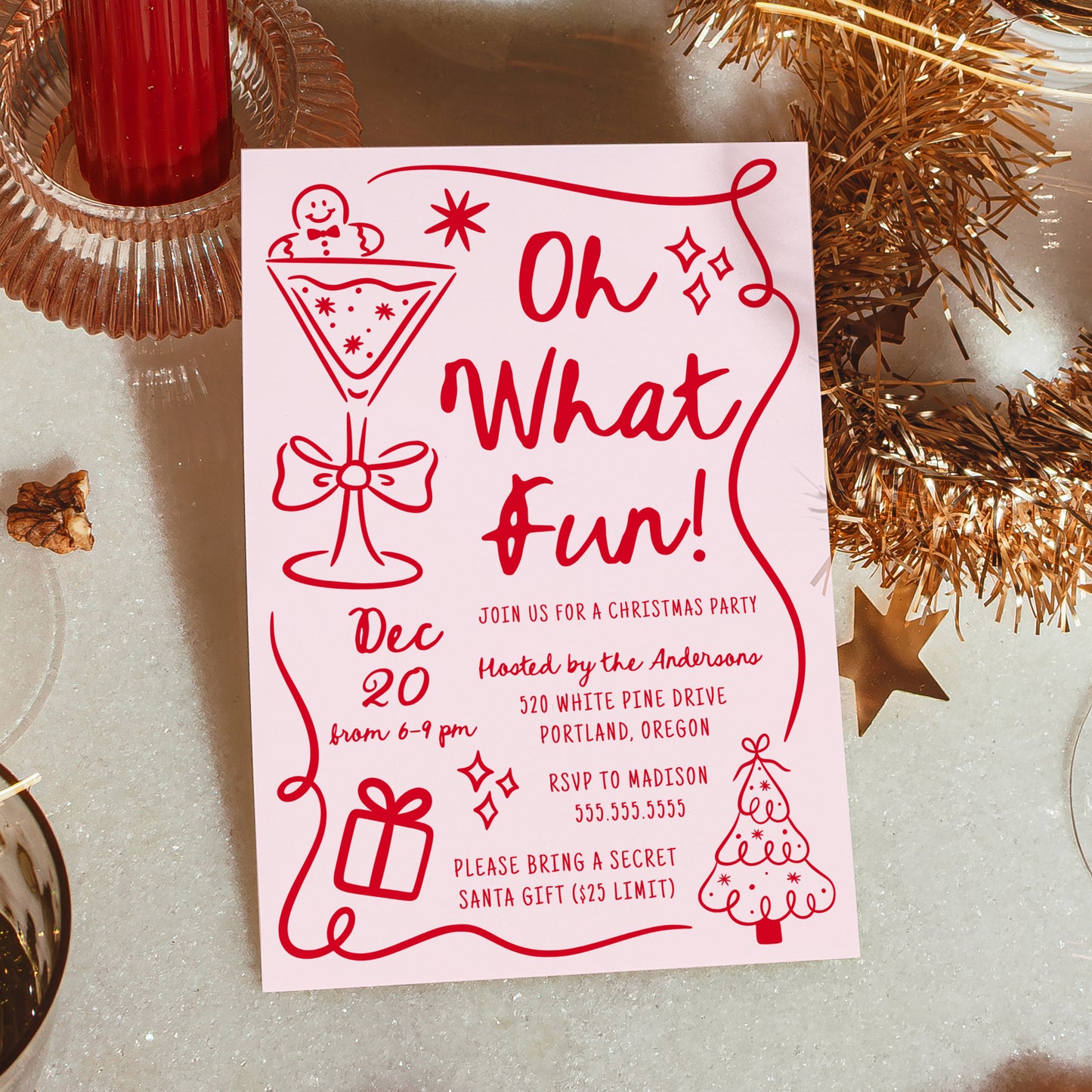 Whimsical Hand-Drawn Pink and Red Oh What Fun Christmas Party Invitation | Corjl Template