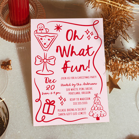 Whimsical Hand-Drawn Pink and Red Oh What Fun Christmas Party Invitation | Corjl Template