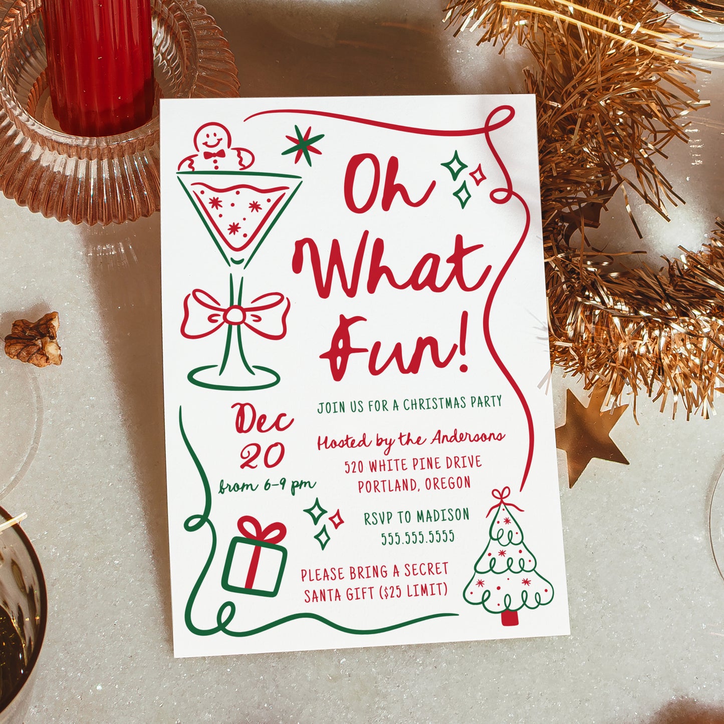 Whimsical Hand-Drawn Red and Green Oh What Fun Christmas Party Invitation | Corjl Template