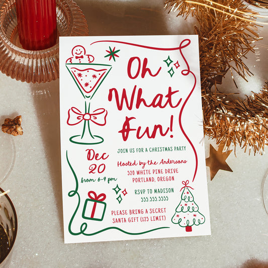 Whimsical Hand-Drawn Red and Green Oh What Fun Christmas Party Invitation | Corjl Template