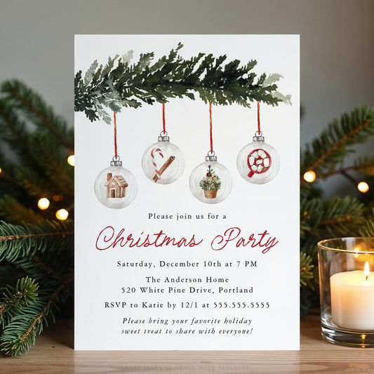 Elegant Watercolor Ornaments Christmas Party Invitation | Corjl Template