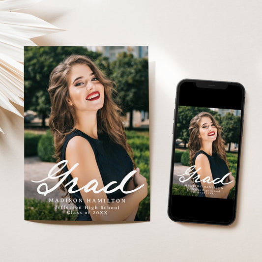 Elegant Vintage Script Photo Graduation Party Invitation | Corjl Template