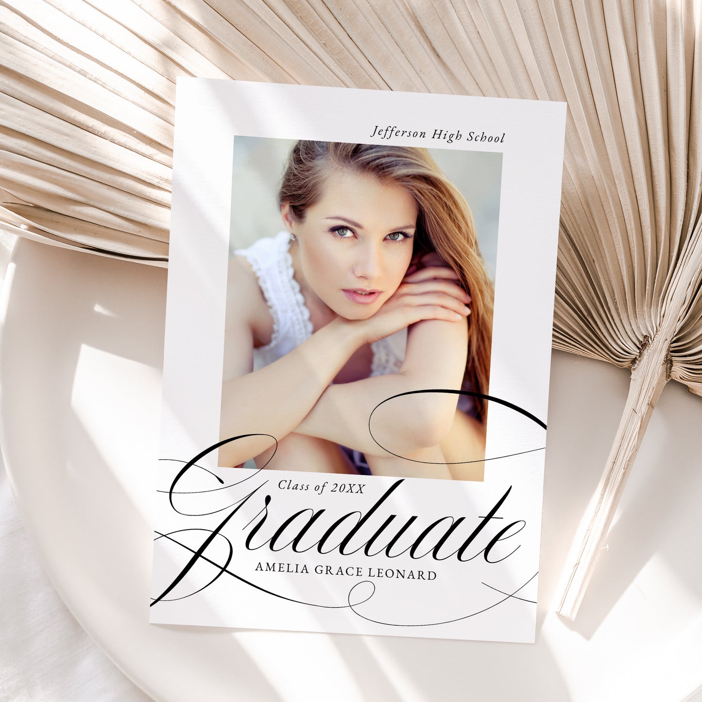 Elegant Black Calligraphy Script Photo Graduation Announcement | Corjl Template