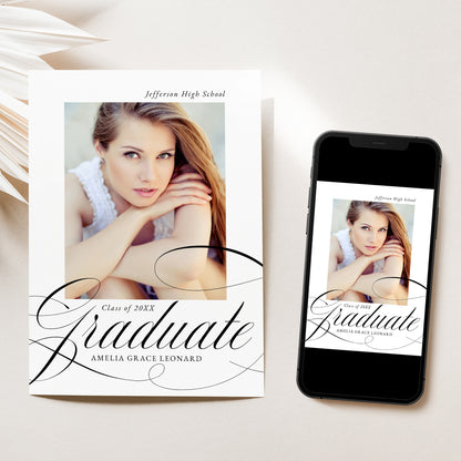 Elegant Black Calligraphy Script Photo Graduation Announcement | Corjl Template