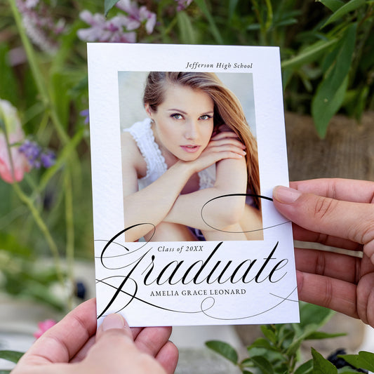 Elegant Black Calligraphy Script Photo Graduation Announcement | Corjl Template