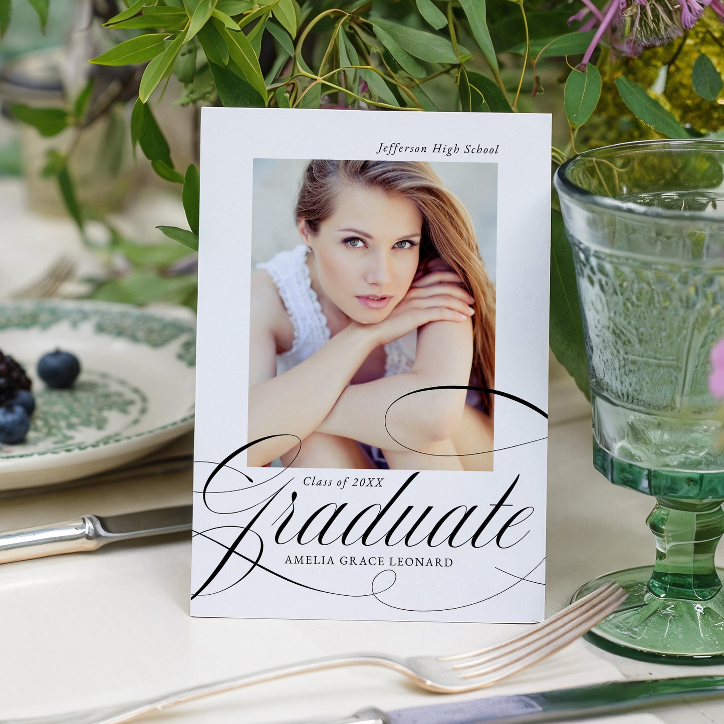 Elegant Black Calligraphy Script Photo Graduation Announcement | Corjl Template