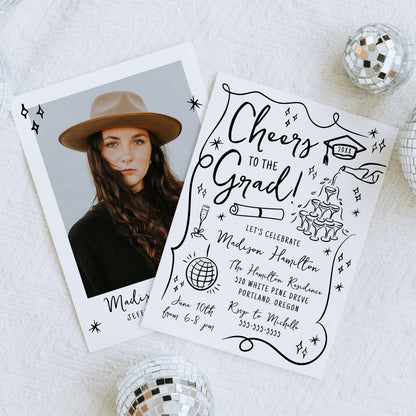 Whimsical Black Doodles Photo Graduation Party Invitation | Corjl Template