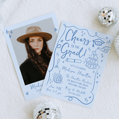 Whimsical Blue Doodles Photo Graduation Party Invitation | Corjl Template