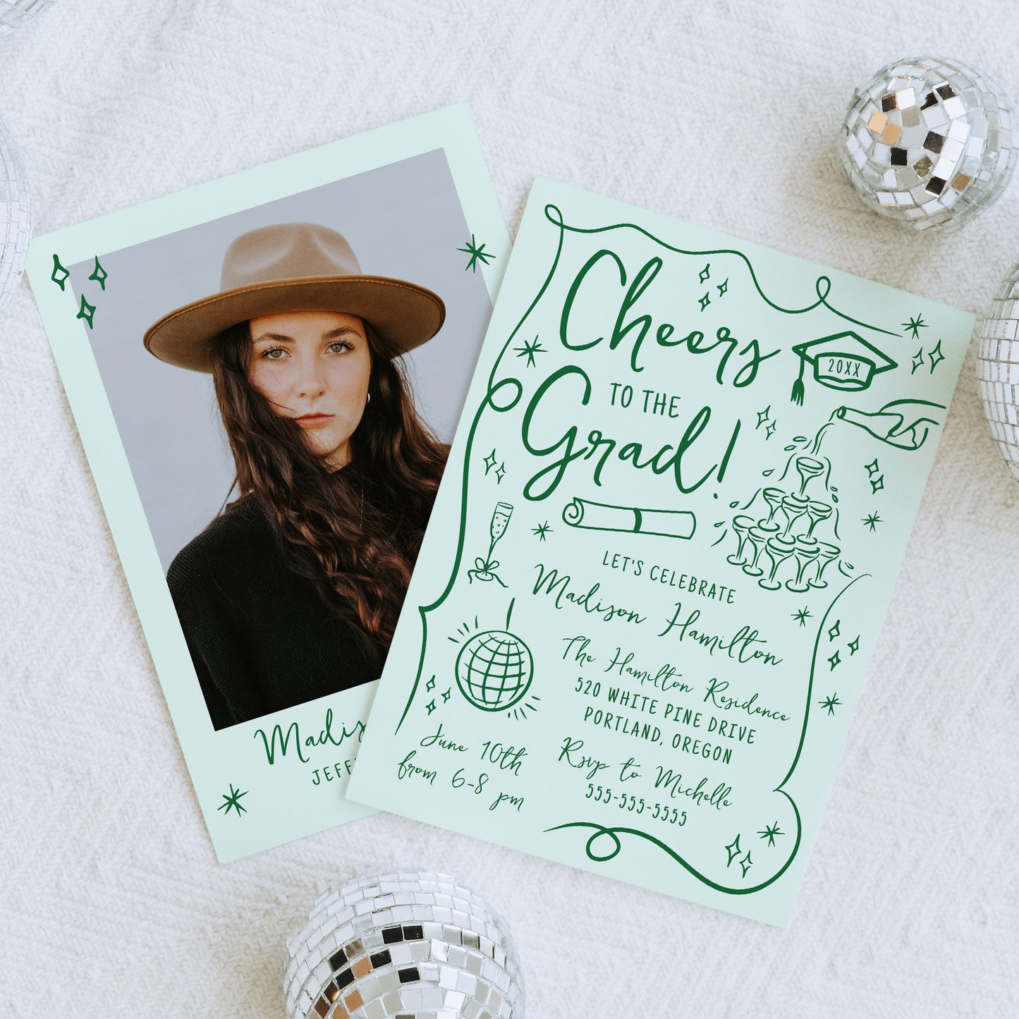 Whimsical Green Doodles Photo Graduation Party Invitation | Corjl Template