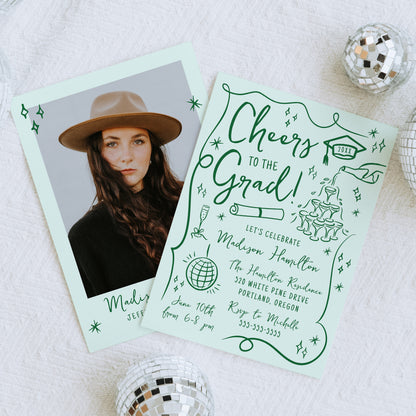 Whimsical Green Doodles Photo Graduation Party Invitation | Corjl Template