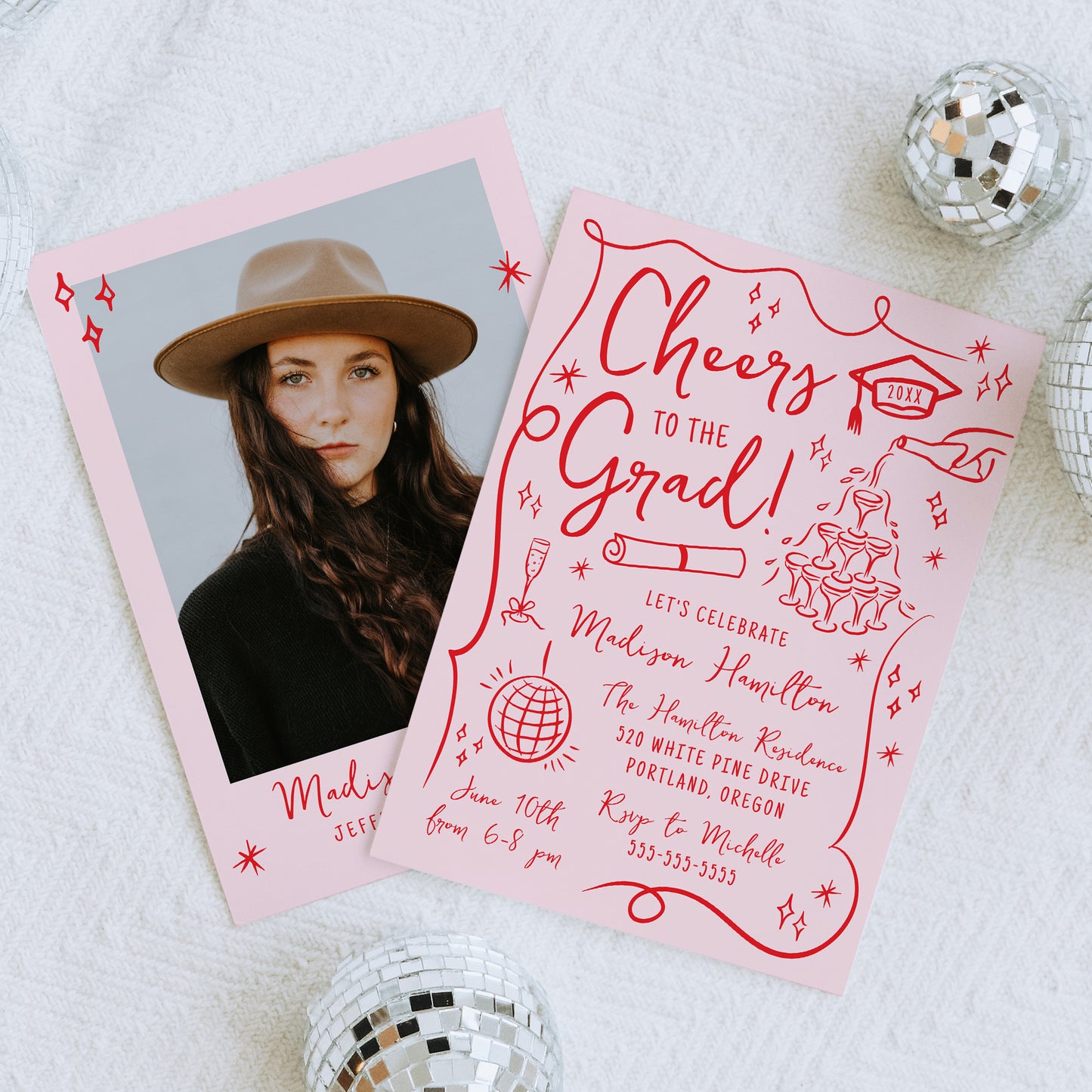 Whimsical Red Doodles Photo Graduation Party Invitation | Corjl Template