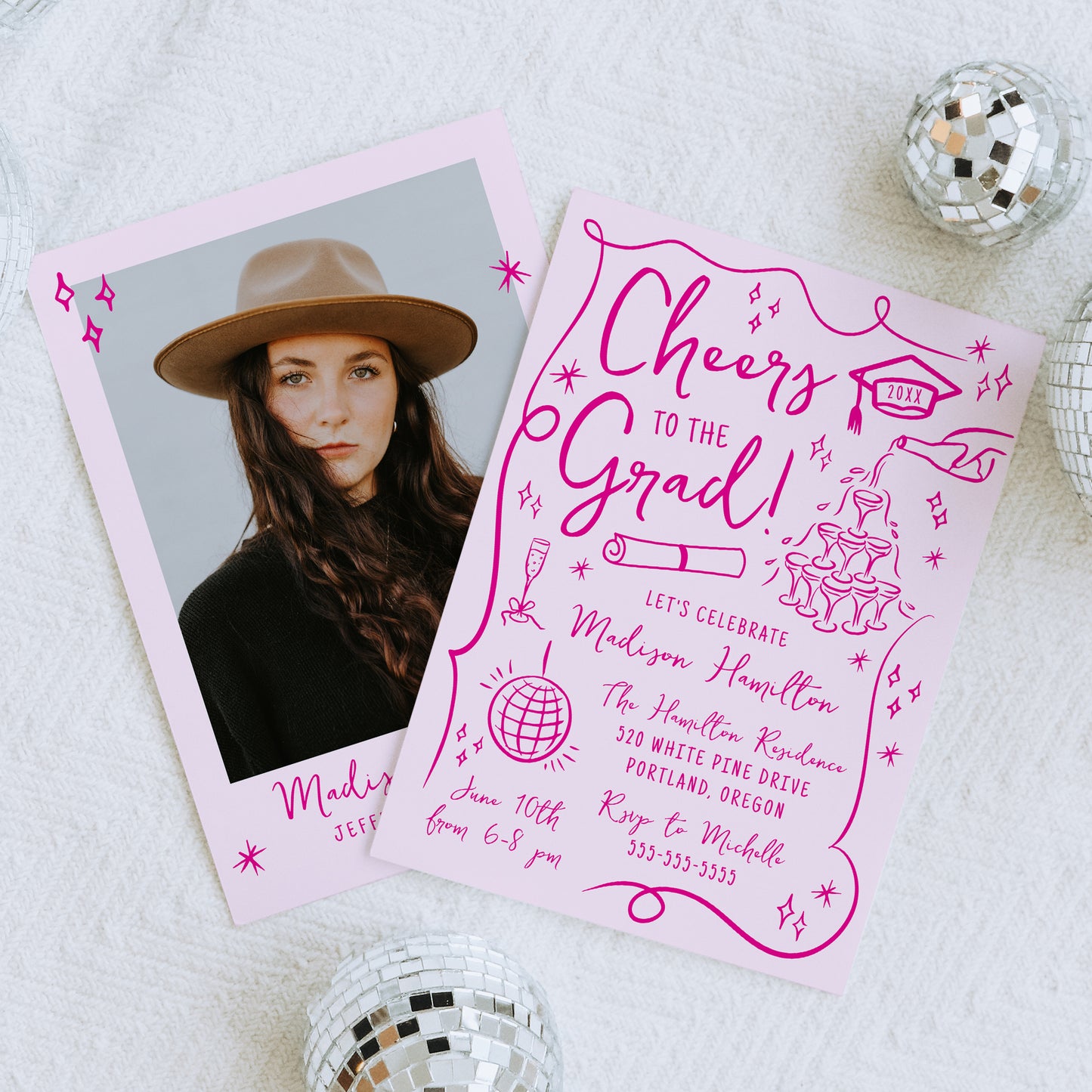 Whimsical Pink Doodles Photo Graduation Party Invitation | Corjl Template