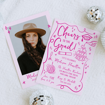 Whimsical Pink Doodles Photo Graduation Party Invitation | Corjl Template