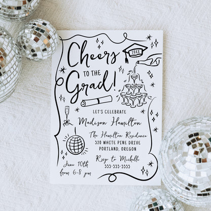Whimsical Black Doodles Photo Graduation Party Invitation | Corjl Template