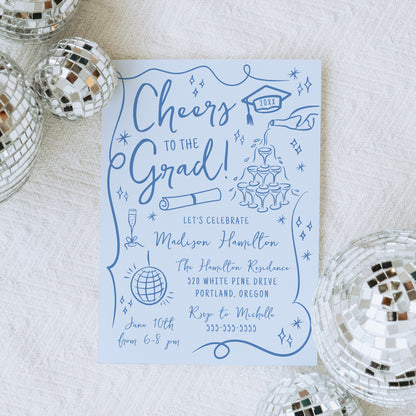 Whimsical Blue Doodles Photo Graduation Party Invitation | Corjl Template