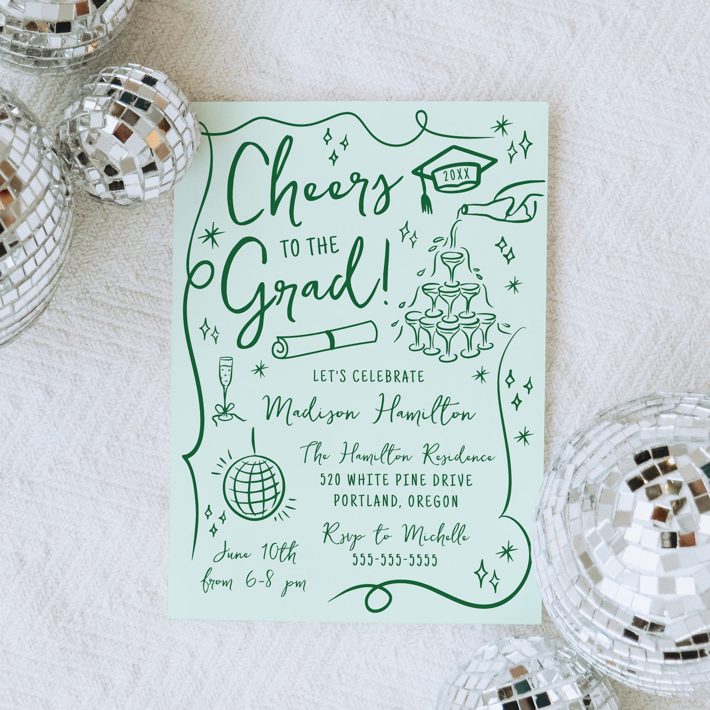 Whimsical Green Doodles Photo Graduation Party Invitation | Corjl Template