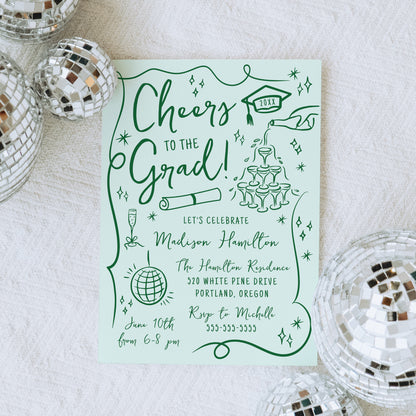 Whimsical Green Doodles Photo Graduation Party Invitation | Corjl Template