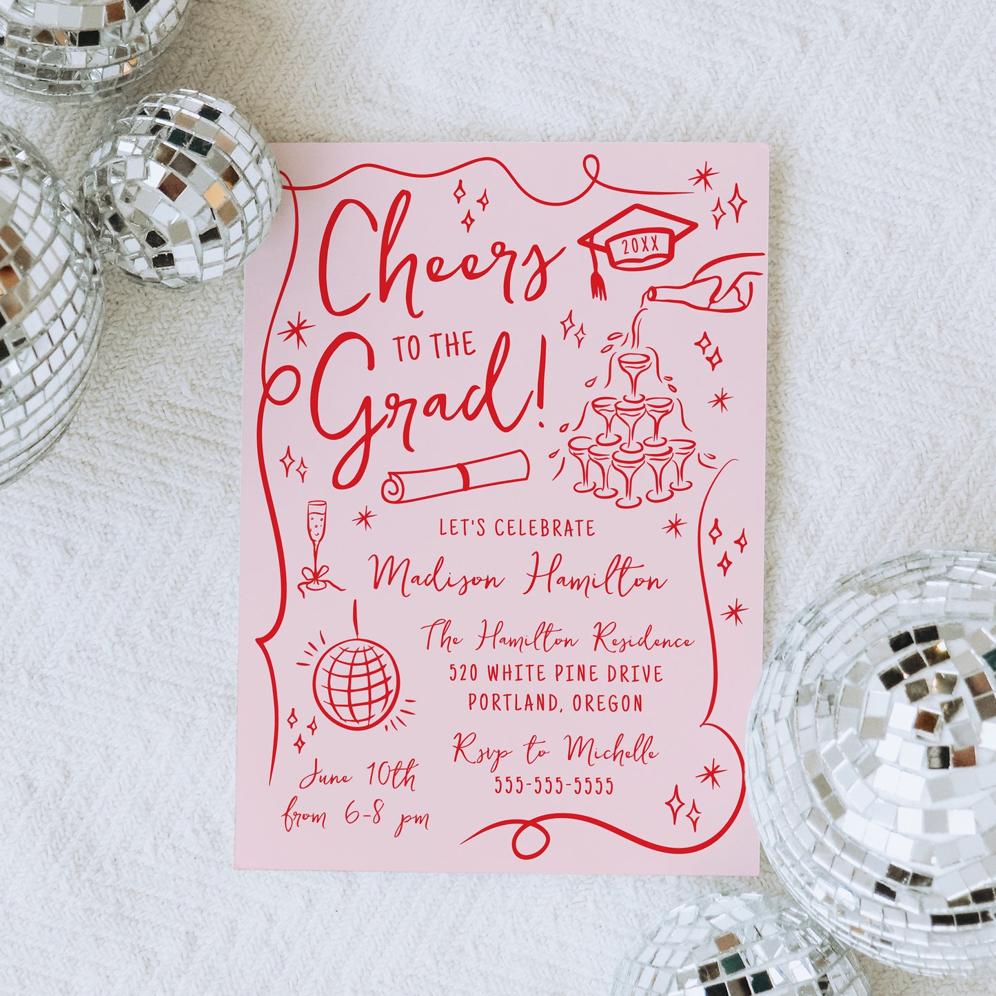 Whimsical Red Doodles Photo Graduation Party Invitation | Corjl Template