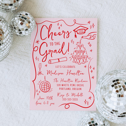 Whimsical Red Doodles Photo Graduation Party Invitation | Corjl Template