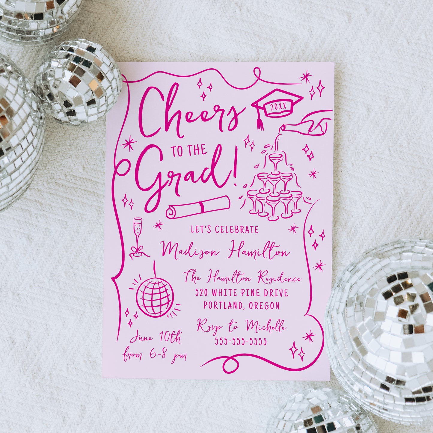 Whimsical Pink Doodles Photo Graduation Party Invitation | Corjl Template