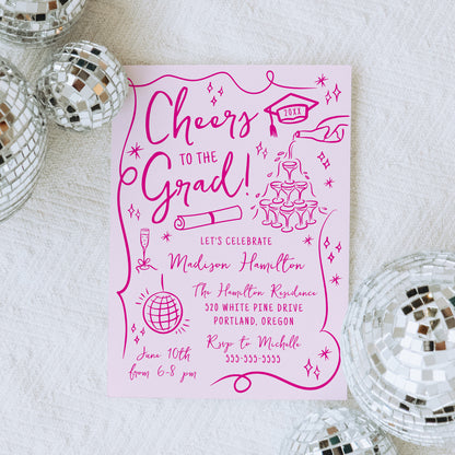 Whimsical Pink Doodles Photo Graduation Party Invitation | Corjl Template