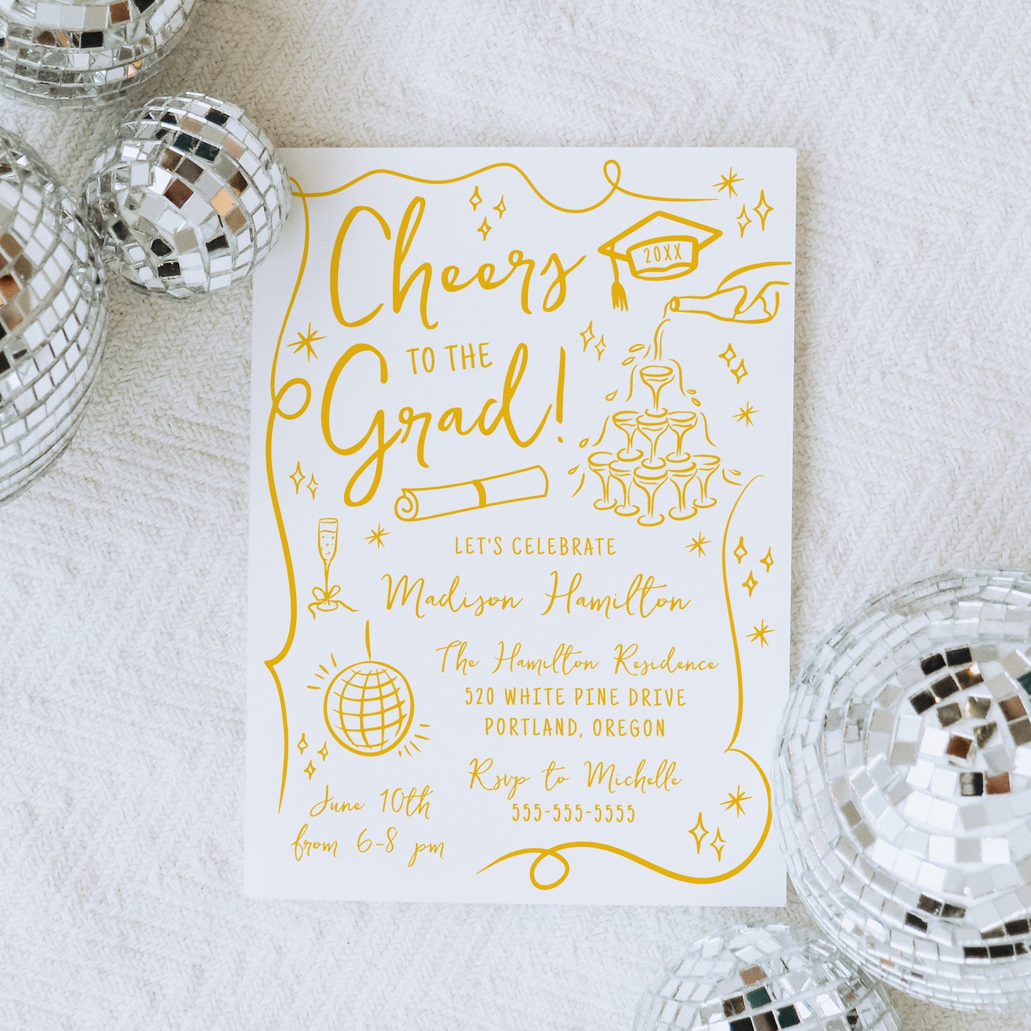 Whimsical Yellow Doodles Photo Graduation Party Invitation | Corjl Template