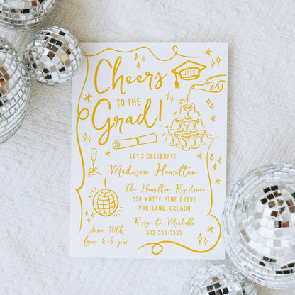 Whimsical Yellow Doodles Photo Graduation Party Invitation | Corjl Template