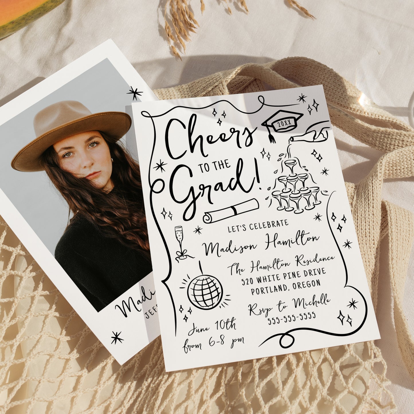 Whimsical Black Doodles Photo Graduation Party Invitation | Corjl Template