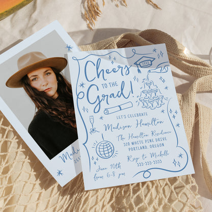 Whimsical Blue Doodles Photo Graduation Party Invitation | Corjl Template