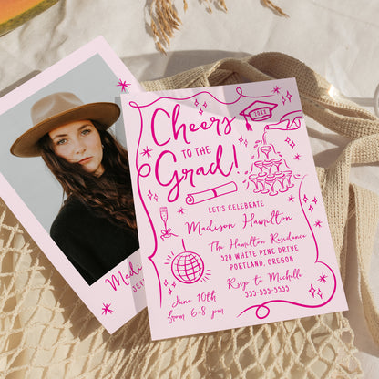 Whimsical Pink Doodles Photo Graduation Party Invitation | Corjl Template