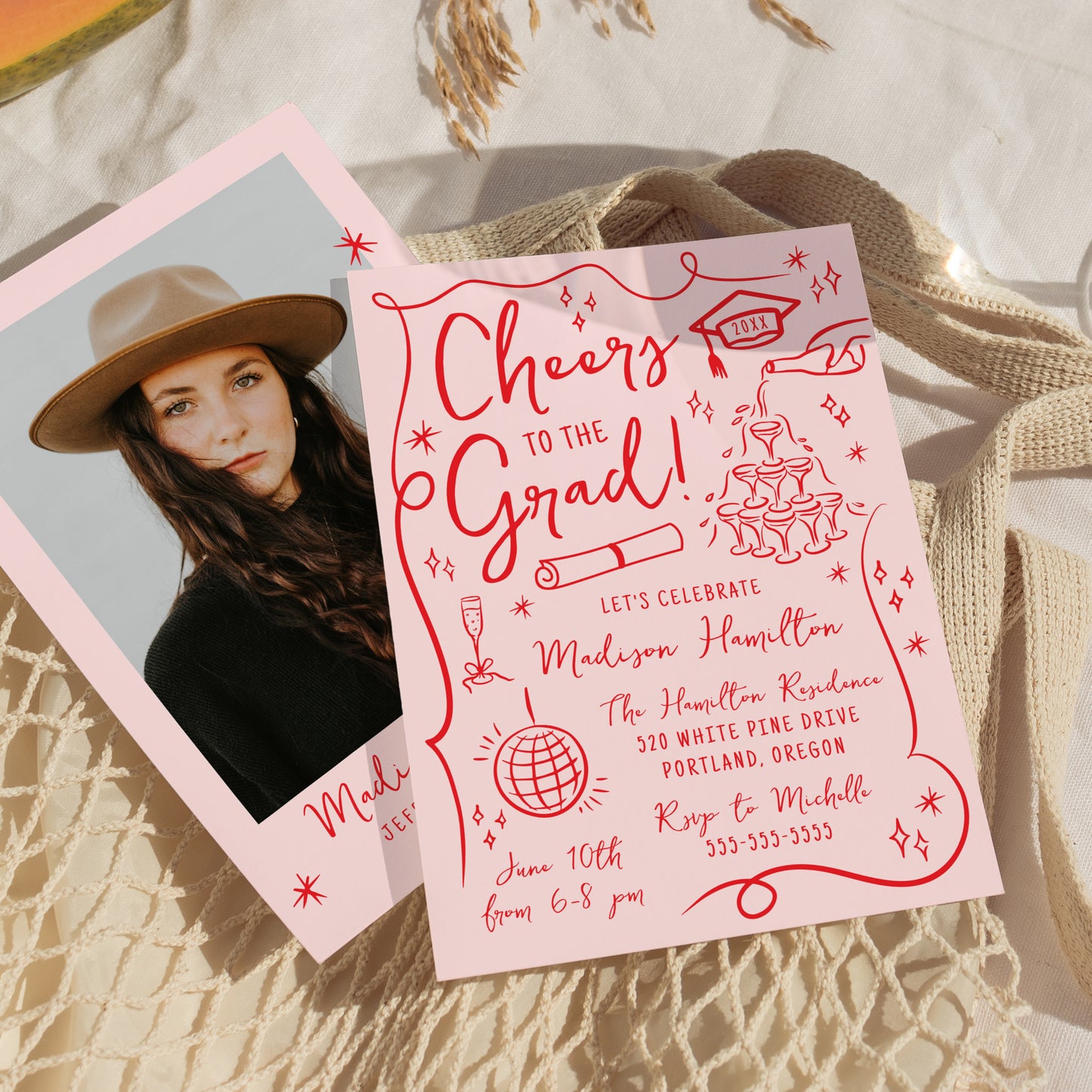 Whimsical Red Doodles Photo Graduation Party Invitation | Corjl Template
