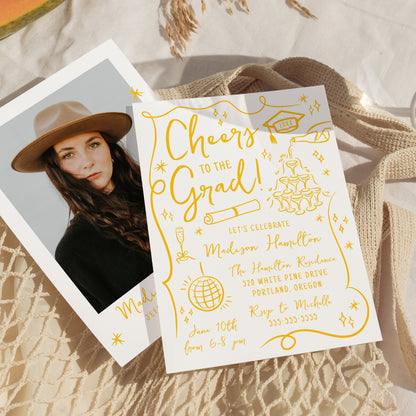 Whimsical Yellow Doodles Photo Graduation Party Invitation | Corjl Template