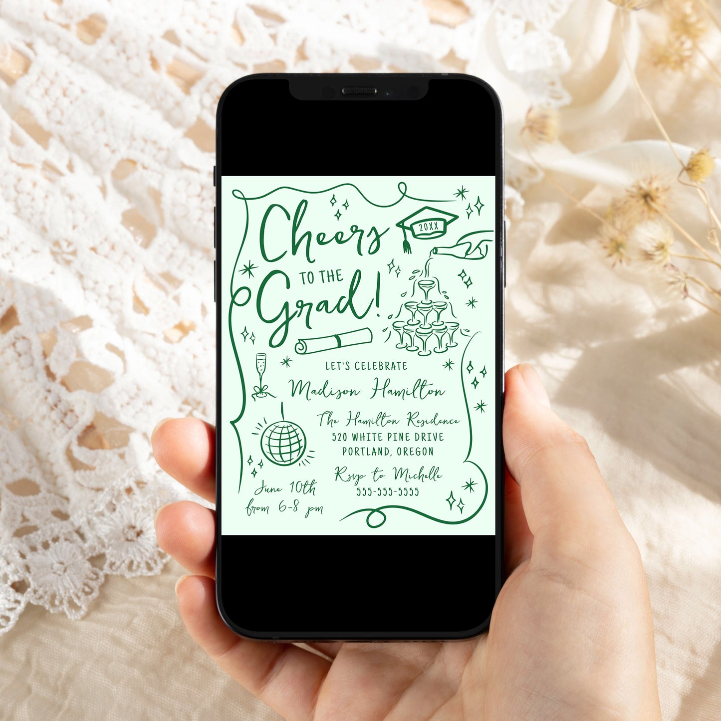 Whimsical Green Doodles Photo Graduation Party Invitation | Corjl Template