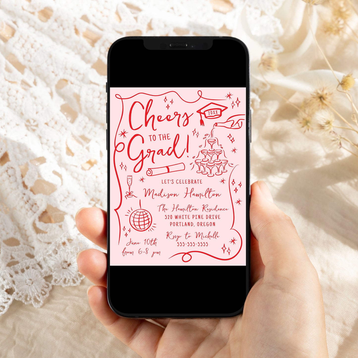 Whimsical Red Doodles Photo Graduation Party Invitation | Corjl Template