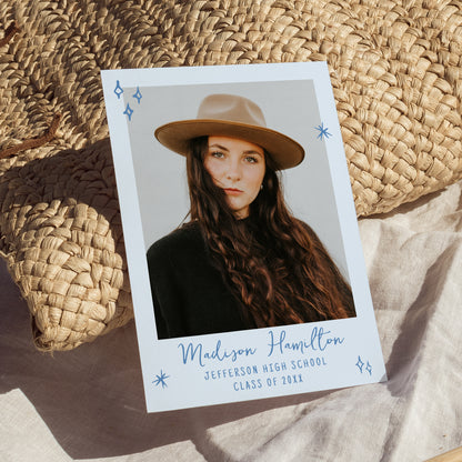 Whimsical Blue Doodles Photo Graduation Party Invitation | Corjl Template