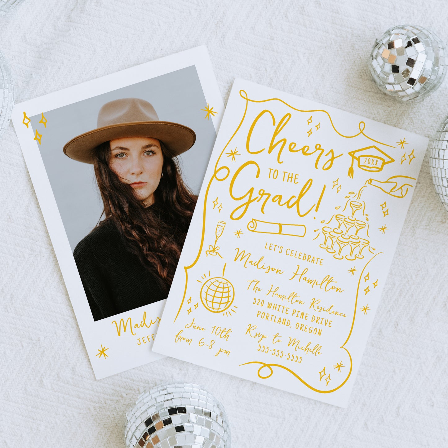 Whimsical Yellow Doodles Photo Graduation Party Invitation | Corjl Template