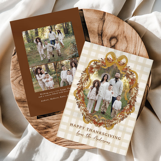 Rustic Autumn Wreath with Bow 4 Photo Thanksgiving Card Template