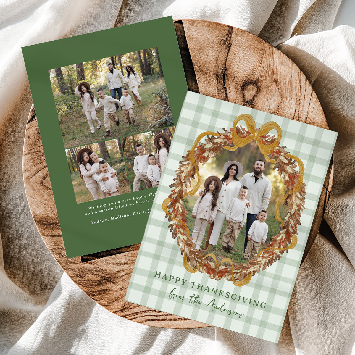 Rustic Autumn Wreath with Bow Green 4 Photo Thanksgiving Card Template