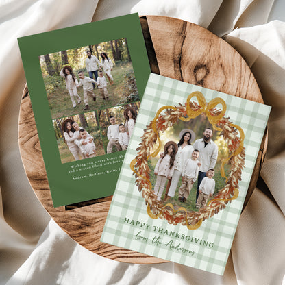 Rustic Autumn Wreath with Bow Green 4 Photo Thanksgiving Card Template