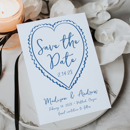 Whimsical Blue Heart Wedding Save the Date Card | Corjl Template