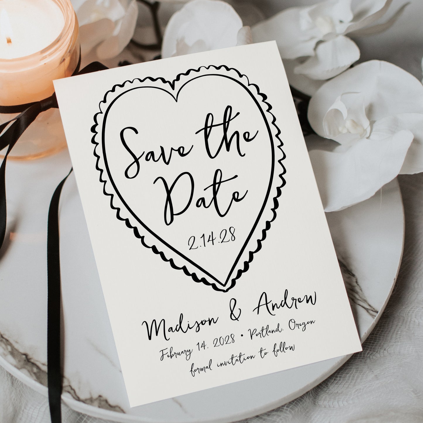 Whimsical Cream and Black Heart Wedding Save the Date Card | Corjl Template