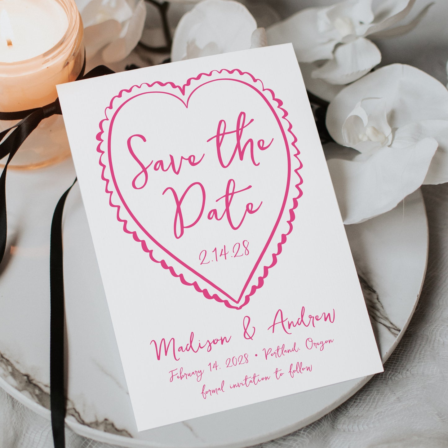 Whimsical Pink Heart Wedding Save the Date Card | Corjl Template